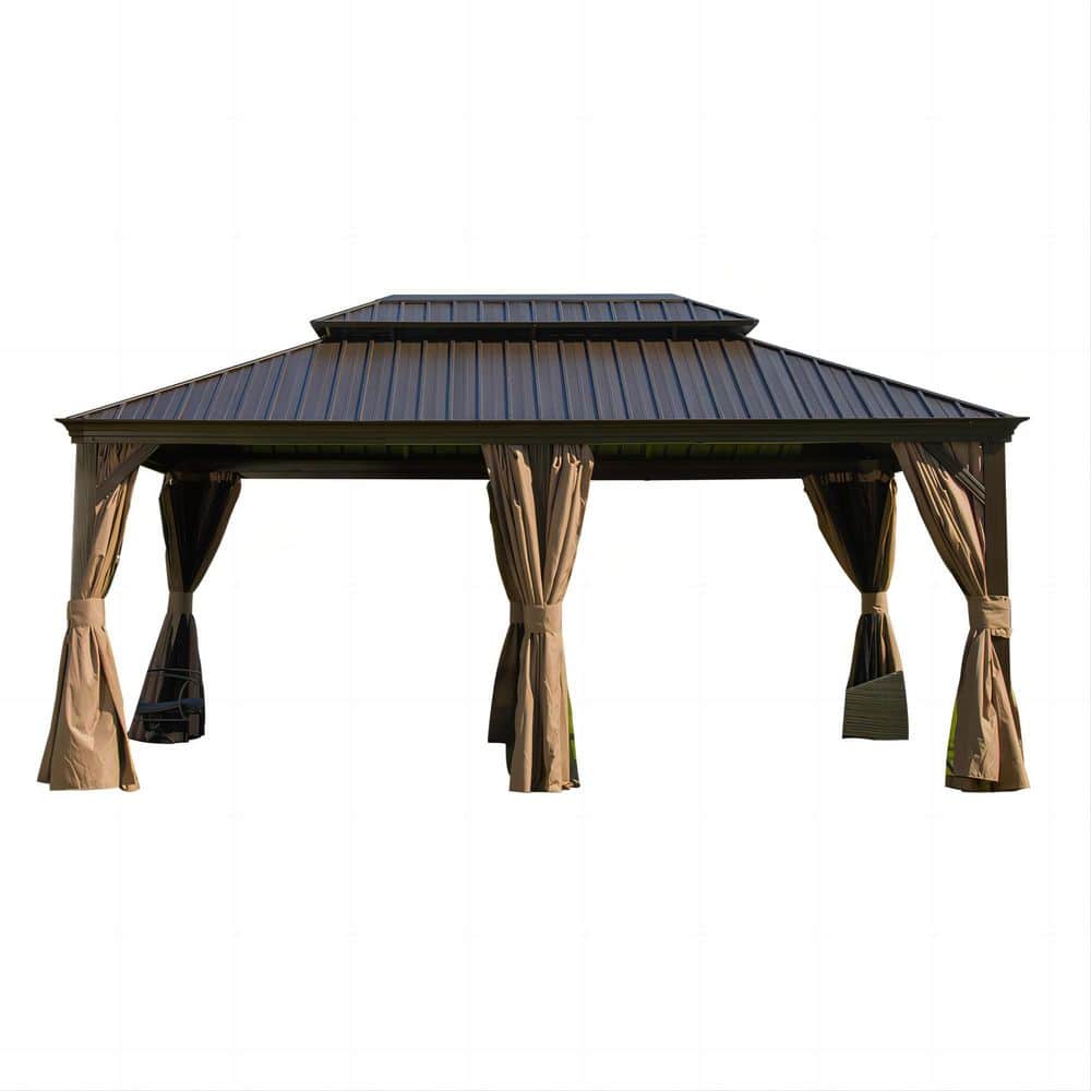 12 ft. x 18 ft. Brown Aluminum Hardtop Gazebo with Galvanized Steel Double Roof, Zippable Curtains and Netting for price history on PriceWatchPro