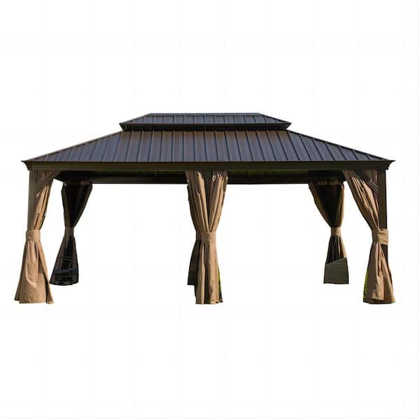 12 ft. x 18 ft. Brown Aluminum Hardtop Gazebo with Galvanized Steel Double Roof, Zippable Curtains and Netting for