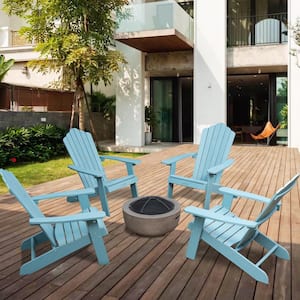Lanier 5-Piece Lake Blue Recycled Plastic Patio Conversation Adirondack Chair Set with a Brown Wood-Burning Firepit