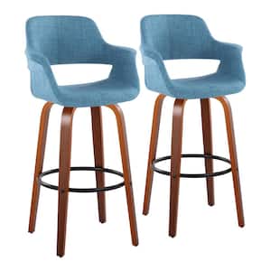 Vintage Flair 29.25 in. Blue Fabric, Walnut Wood and Black Metal Fixed-Height Bar Stool Round Footrest (Set of 2)