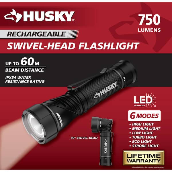 Husky 750 Lumens Dual Power LED Swivel-Head Rechargeable