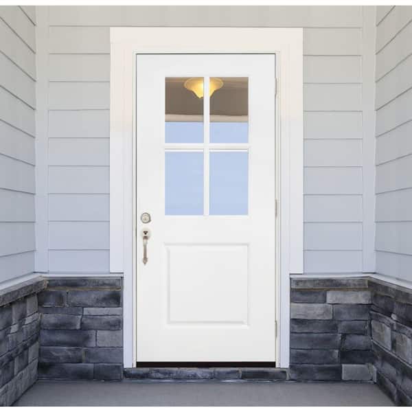 32 in. x 80 in. Legacy 4 Lite Half Lite Clear Glass Left Hand Outswing White Primed Fiberglass Prehung Front Door