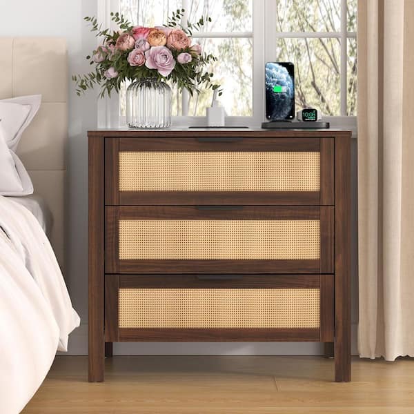 Boho Walnut 3-Drawer 25 in. W Nightstand with Built-in Outlets