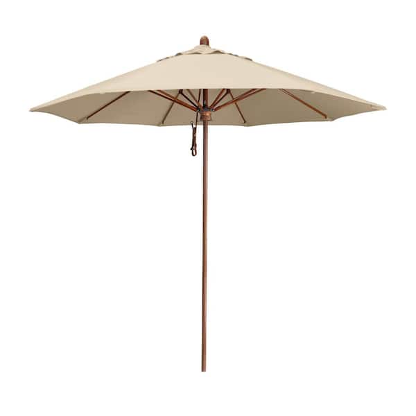California Umbrella 9 ft. Woodgrain Aluminum Commercial Market Patio Umbrella Fiberglass Ribs and Pulley Lift in Antique Beige Sunbrella