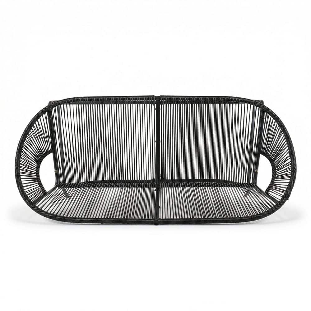 Top view of a black faux rattan outdoor patio bench.