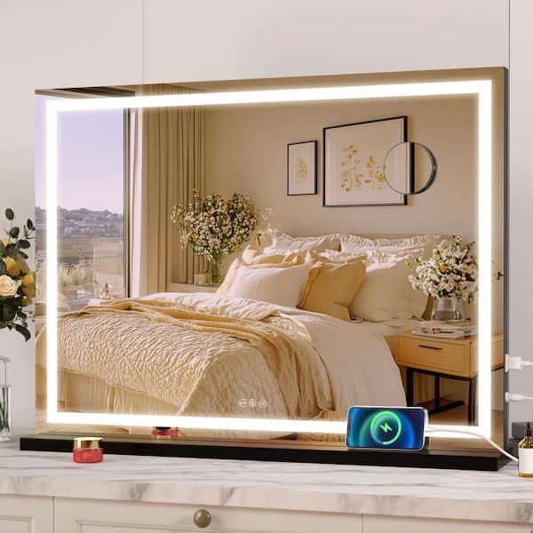 Vosuja 32 in. W x 22 in. H Square Black Frame LED Makeup Mirror, Lighted Mirror with Dimmable 3 Modes, Touch Screen Control