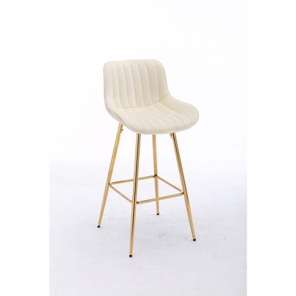 Gold Metal Outdoor Bar Stool with Cream Velvet Fabric Cushions, Set of 2