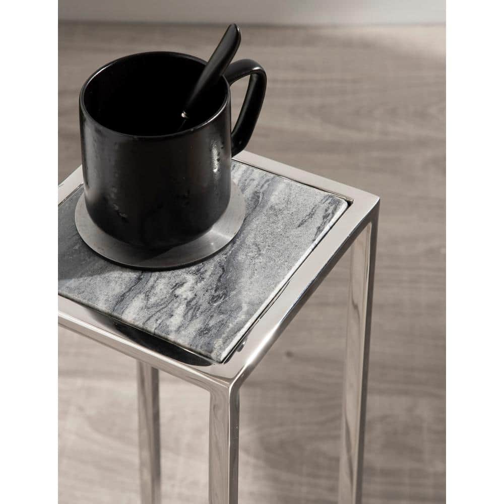 Jaspur Gray Marble and Silver Metal Square Drink Table