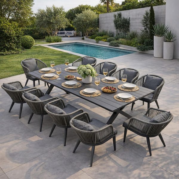 11-Piece All-Weather Wicker Outdoor Dining Set with Table All Aluminum Frame and Gray Cushions for Garden Backyard Deck