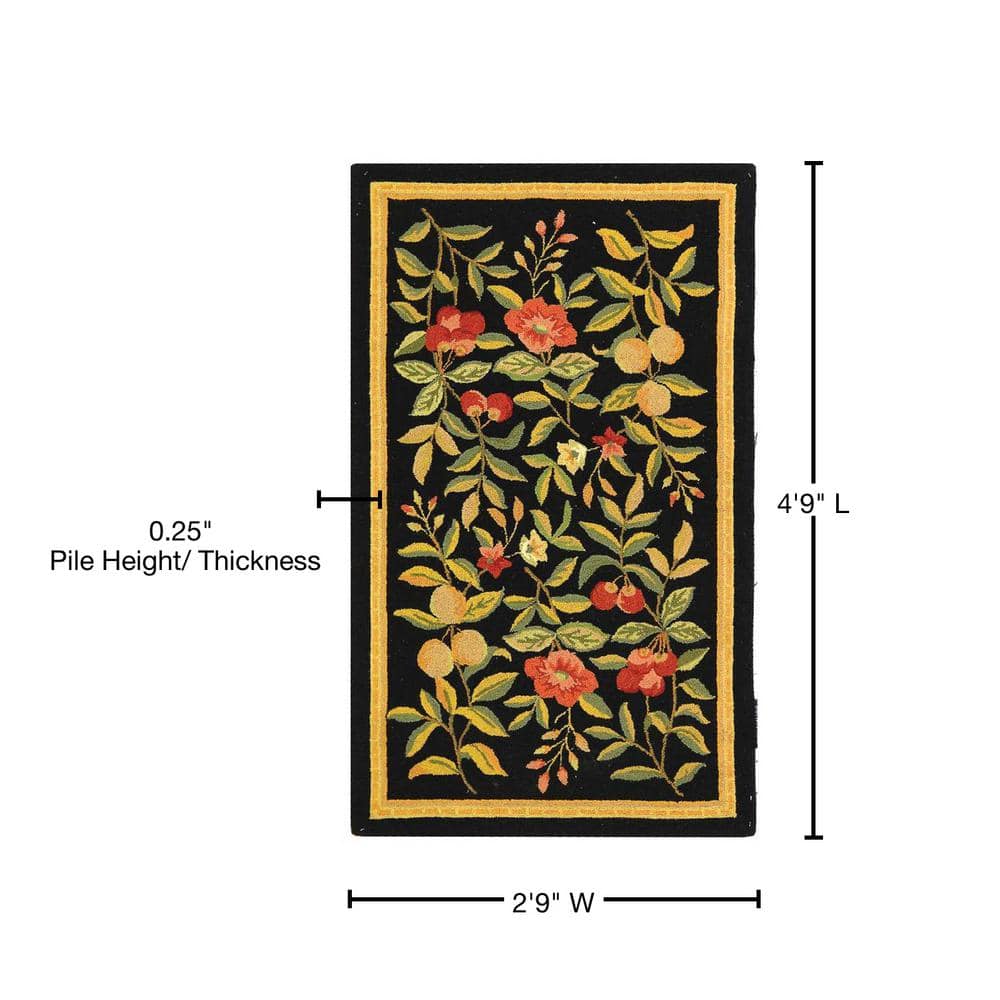 Handmade Black Floral Wool Rectangular Rug