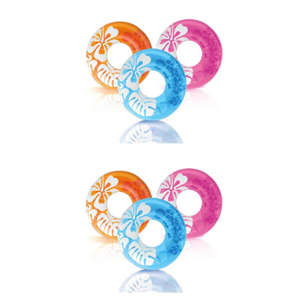 Intex 36 in. Transparent Inflatable Round Swimming Pool Ring Float in Orange, Blue and Pink (2-Pack), Orange/ Blue and Pink -  176960