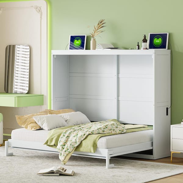 White Wood Frame Queen Size Murphy Bed with USB Charging Station