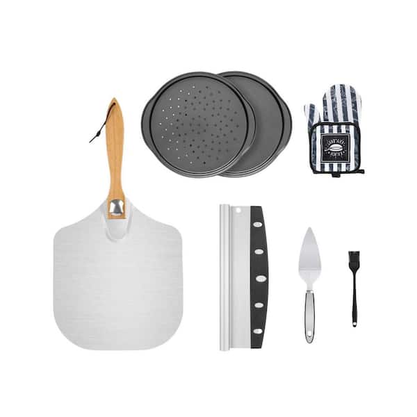 7-Piece Silver Metal Pizza Accessory Set with 12 Inch Pizza Peel Pans Cutter Server Mitts and Brush for Home Baking Oven