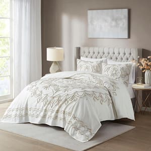 Juliana 3-Piece Ivory/Taupe Full/Queen Tufted Cotton Chenille Coverlet Set
