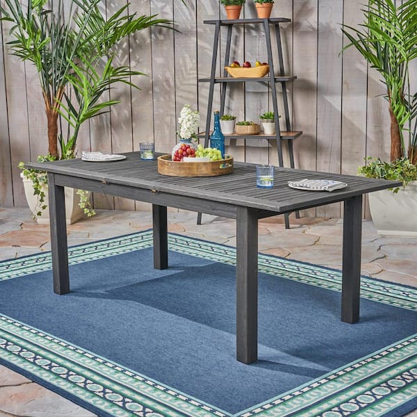 Harper & Bright Designs Dark Gray 100% Solid Wood Expandable Outdoor Dining Table with Umbrella Hole