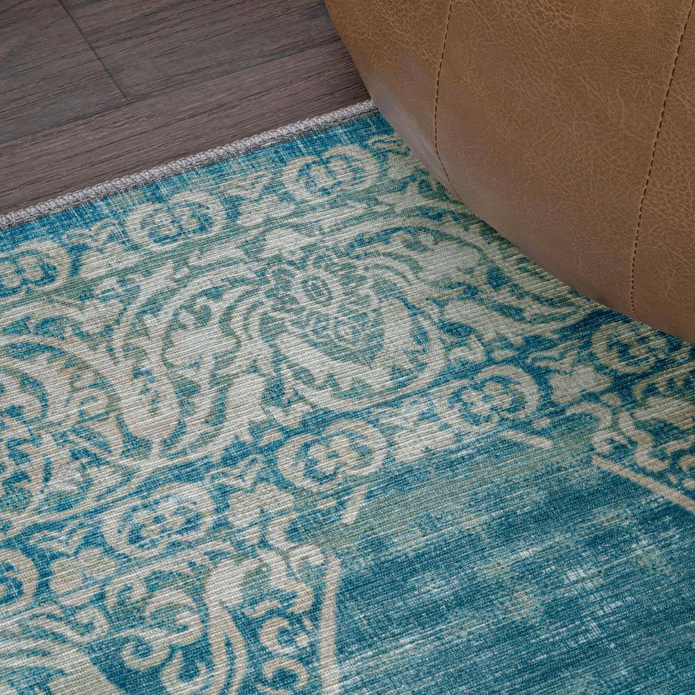 Teal and Cream Medallion Washable Synthetic Area Rug
