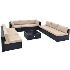 10-Piece Metal Wicker Outdoor Sectional Set with Beige Cushions Outdoor Wicker Sofa Table