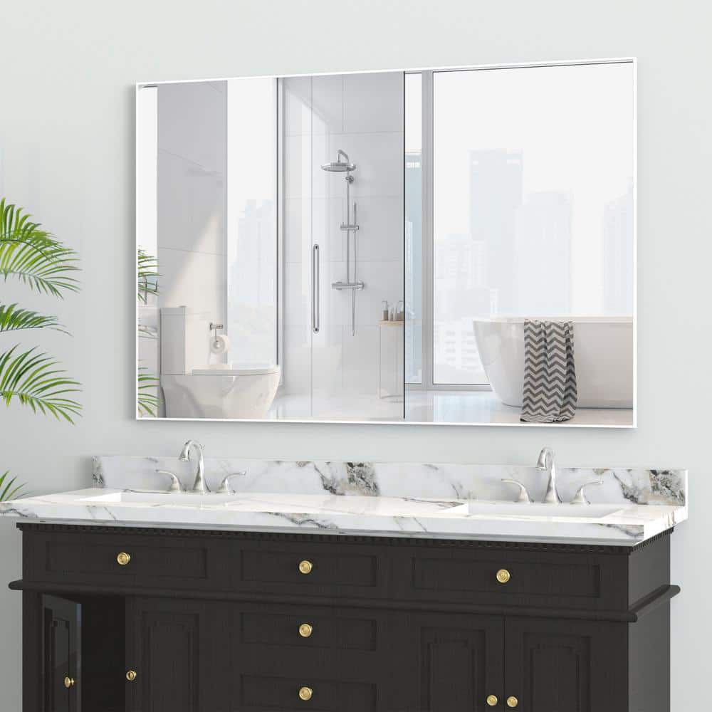 48 in. W x 32 in. H Rectangular Framed Wall Bathroom Vanity Mirror in White