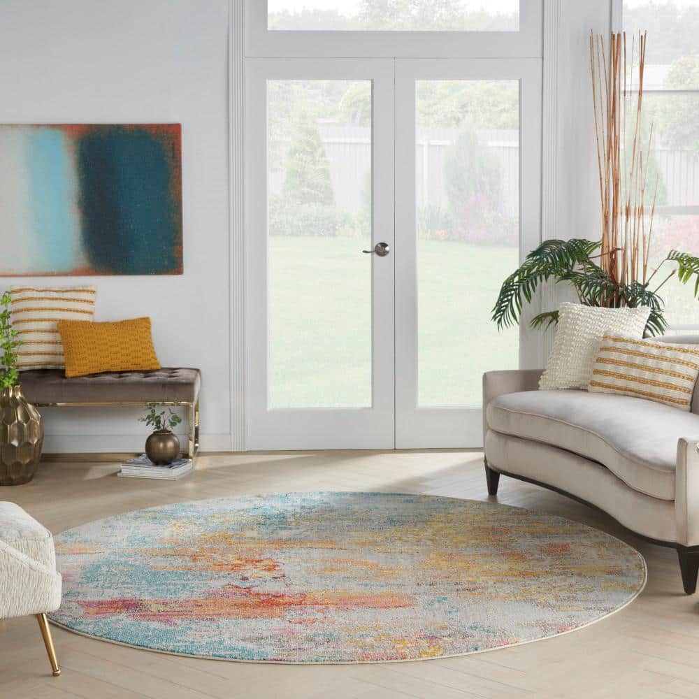 Med Grey Celestial Sealife 94" Synthetic Round Rug
