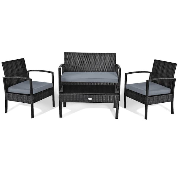 Costway 4-Piece Wicker Patio Conversation Set with Gray Cushions