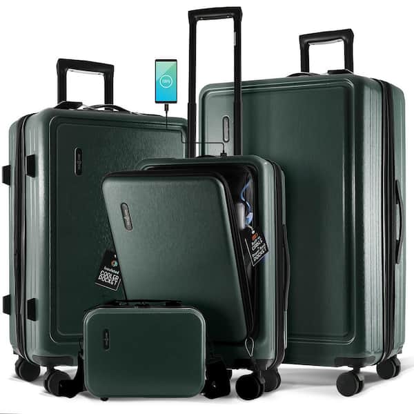 4-Piece Green Nested Hard Luggage Set Expandable Spinner Suitcase Carry-On Weekender Exterior USB port TSA Compliant
