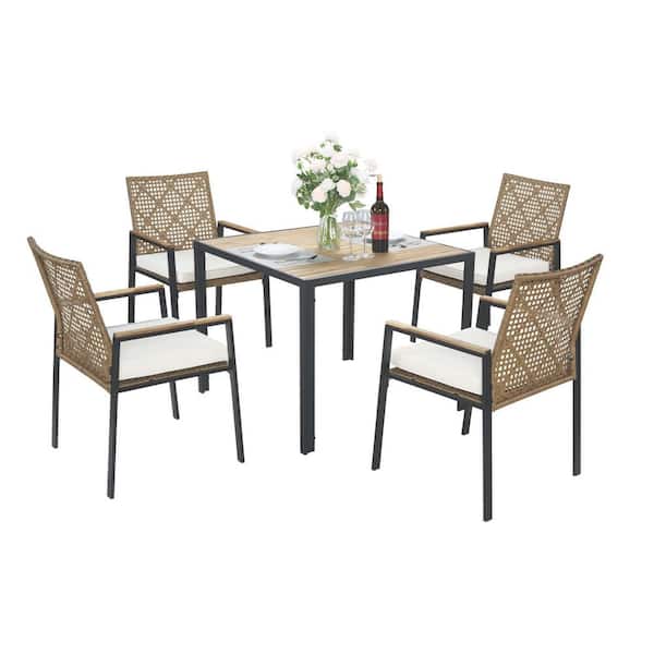 Unbranded 5-Piece Wicker Outdoor Dining Table Sets,Patio Conversation Set Acacia Wood Table Top with Umbrella Hole, White Cushions