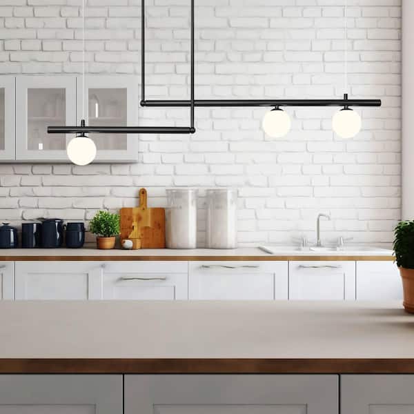 HUOKU Lixing 3-Light Black Globe Sputnik Linear Dining Room Chandelier Mid Century Kitchen Pendant Light in L-Shape