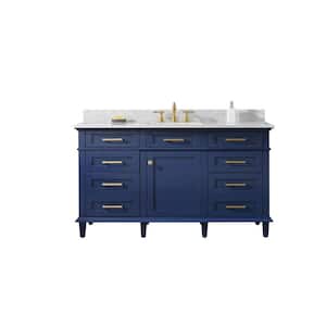 60 in. W x 22 in. D Vanity in Blue with Marble Vanity Top in White with Single White Basin with Backsplash