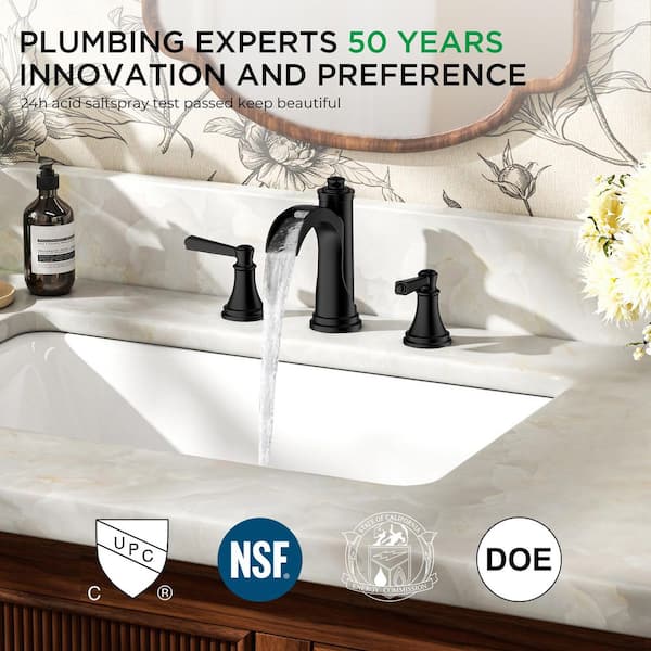 8 in. Widespread Double Handle Mid-Arc Bathroom Faucet with Metal Pop-up Drainin Matte Black