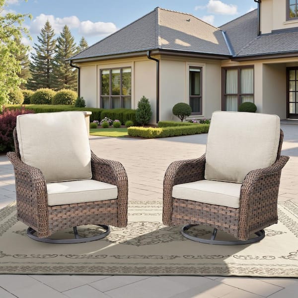 2-Piece Wicker Patio Conversation Set Outdoor Rocking Chair with 360°Arbitrary Rotation, Beige Cushions
