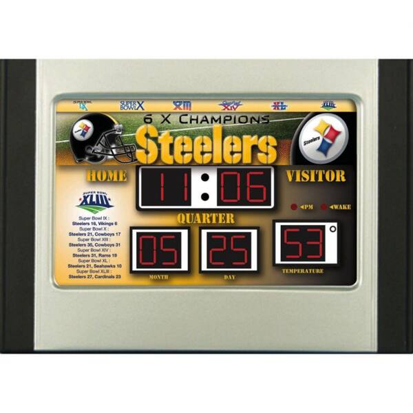 Team Sports America Pittsburgh Steelers 6.5 in. x 9 in. Scoreboard Alarm Clock with Temperature
