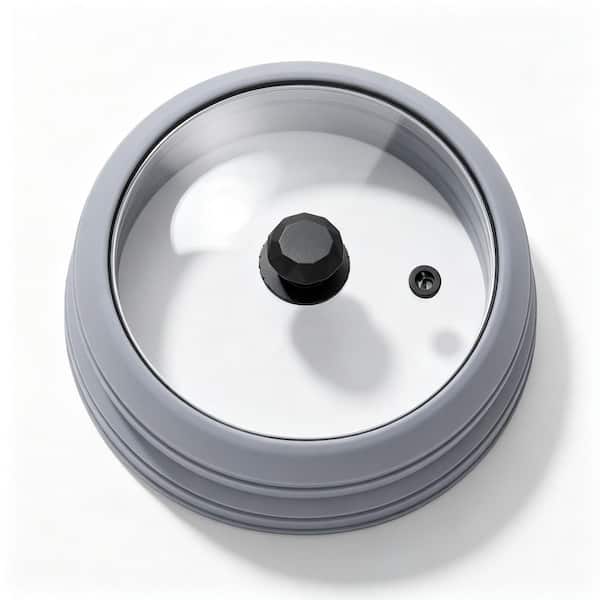 10.8 in. Gray Microwave Splatter Cover, Vented Glass Splatter Guard Lid with Collapsible Silicone for Food as Pot Cover