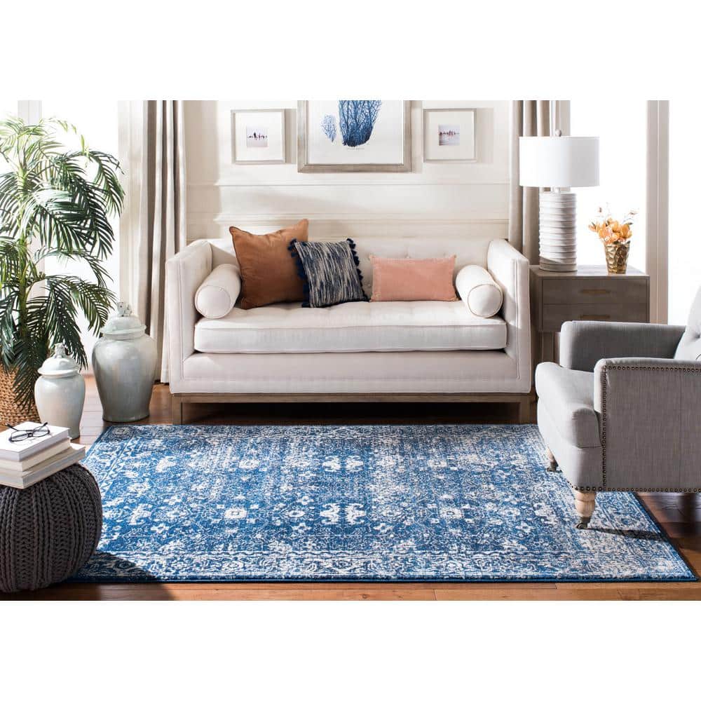 Navy and Ivory High Pile Synthetic Rectangular Rug