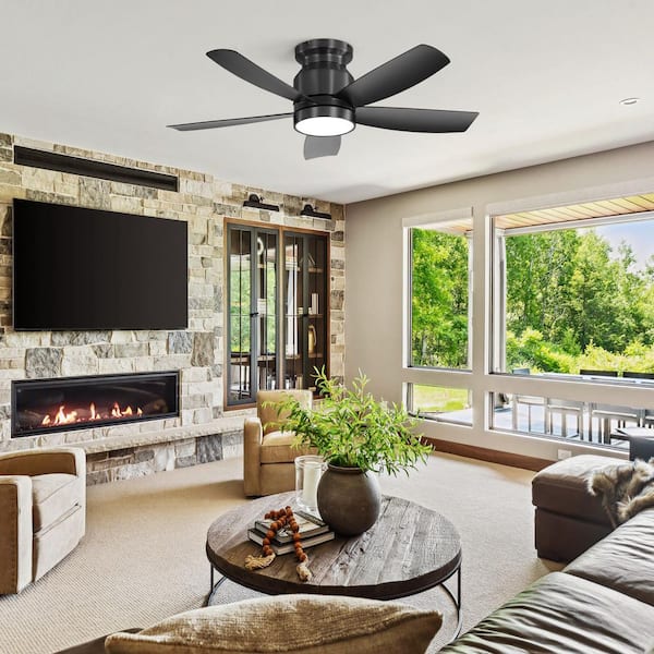 42 in. Indoor/Outdoor Black Low Profile Flush Mount Integrated LED Ceiling Fan with Light Kit and Remote Control