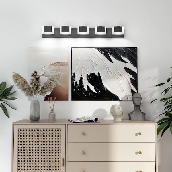 38 in. 5-Light Modern Black Bathroom LED Vanity Lights Acrylic Modern Black Bathroom Wall Light Over Mirror 6000K