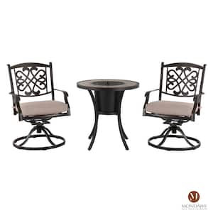 3-Piece Cast Aluminum Outdoor Bistro Set Dining Chair with Beige Cushions & Round Table with Ice Bucket