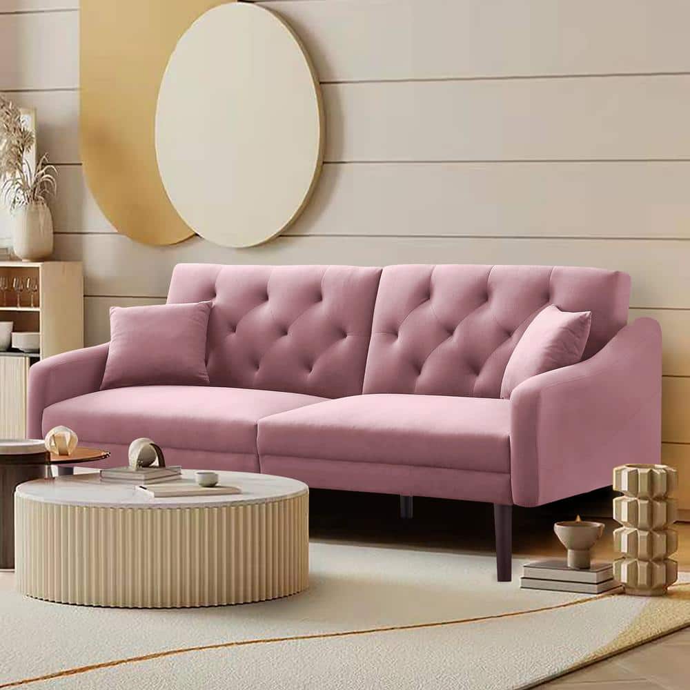 Uixe Modern Velvet Square Arm Convertible Futon Sofa Bed in Pink with 2