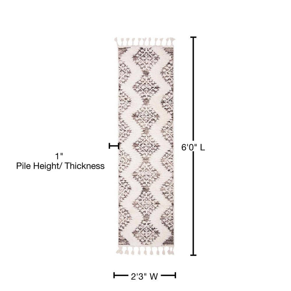 Ivory and Brown Diamond Shag Runner Rug with Tassels
