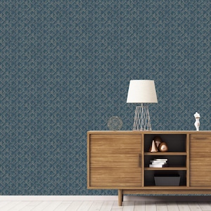 TexStyle Collection Navy Geometric Block Flock Stripe Metallic Finish Non-Pasted on Non-Woven Paper Wallpaper Roll