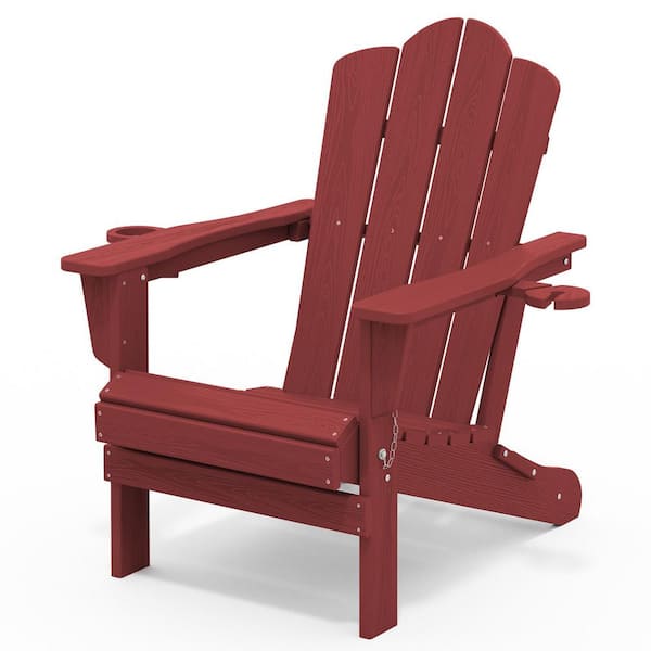 Classic Outdoor HDPE Folding Plastic Adirondack Chair with 2 Cup Holders in Dark Red (Set of 1)