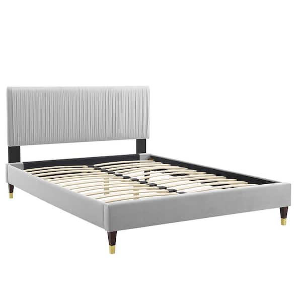 MODWAY Peyton Gray Performance Velvet Full Platform Bed in Light Gray