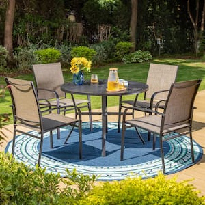 Black 5-Piece Metal Slat Round Table Patio Outdoor Dining Set with Brown Textilene Chairs