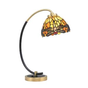 Delgado 18.25 in. Matte Black and New Age Brass Accent Desk Lamp with Amber Dragonfly Art Glass Shade