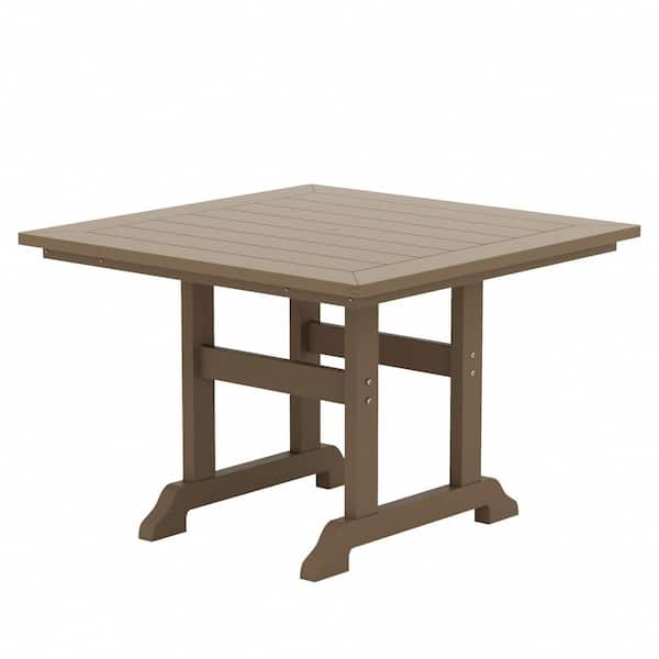 WESTIN OUTDOOR Hayes 43 in. All Weather HDPE Plastic Square Outdoor Dining Trestle Table with Umbrella Hole in Weathered Wood