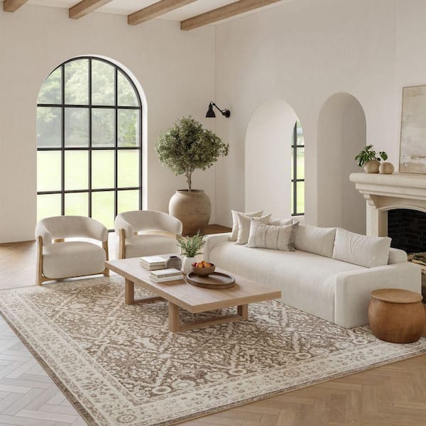 Renewed Ivory Mocha 9 ft. x 12 ft. Distressed Traditional Area Rug