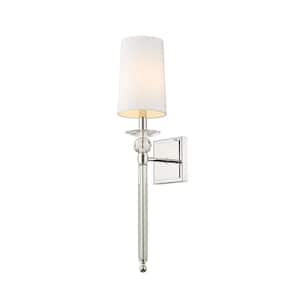 1-Light Polished Nickel Wall Sconce with White Fabric Shade
