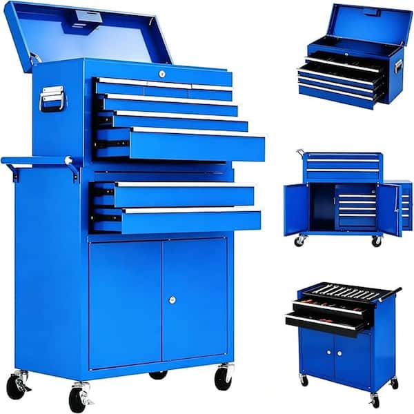 Blue 24 in Cold Rolled Plate Steel 2-in-1 Detachable Lockable Rolling Tool Box with 8 Drawers