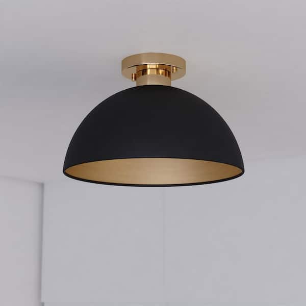 Devon 12.75 in. W Matte Black and Gold Satin Brass LED Compatible Mid-Century Modern Semi Flush Mount Ceiling Light
