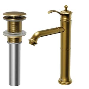 Vineyard Single-Handle Single-Hole Vessel Bathroom Faucet with Matching Pop-Up Drain in Gold
