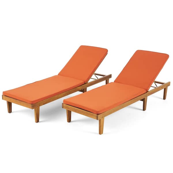 Nadine Teak Brown 2-Piece Wood Outdoor Patio Chaise Lounge with Orange Cushions
